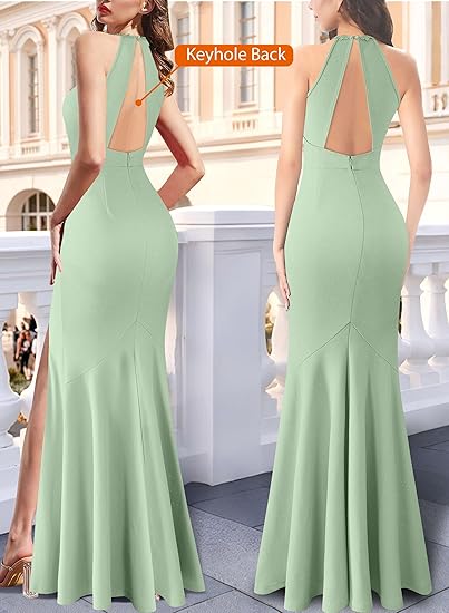 Womens Formal Illusion Halter Keyhole Back Prom High Slit Maxi Dress